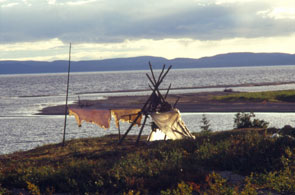 Innu camp at Kameshtashtan, southeast shore, just east of the main stream entering the lake. Photo courtesy Stephen Loring.