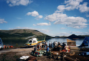 Mineral exploration camp at the southwest side of Kakassipishuniakamat. John Jack (blue shirt) in the centre. John was doing archaeological historic resource assessment work with Gerry Penney. Photo courtesy Gerry Penney.