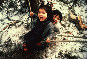 Kanani Penashue and Anishpuasht Rich playing at Enakapeshakamau. Photo Nigel Markham, courtesy Innu Nation.
