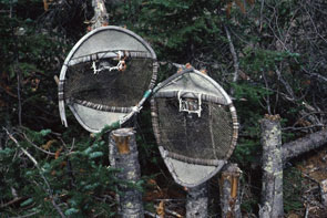 Well-worn pair of snow shoes cached at an Innu camp at Atshiku-nipi. Photo courtesy Moira McCaffrey.